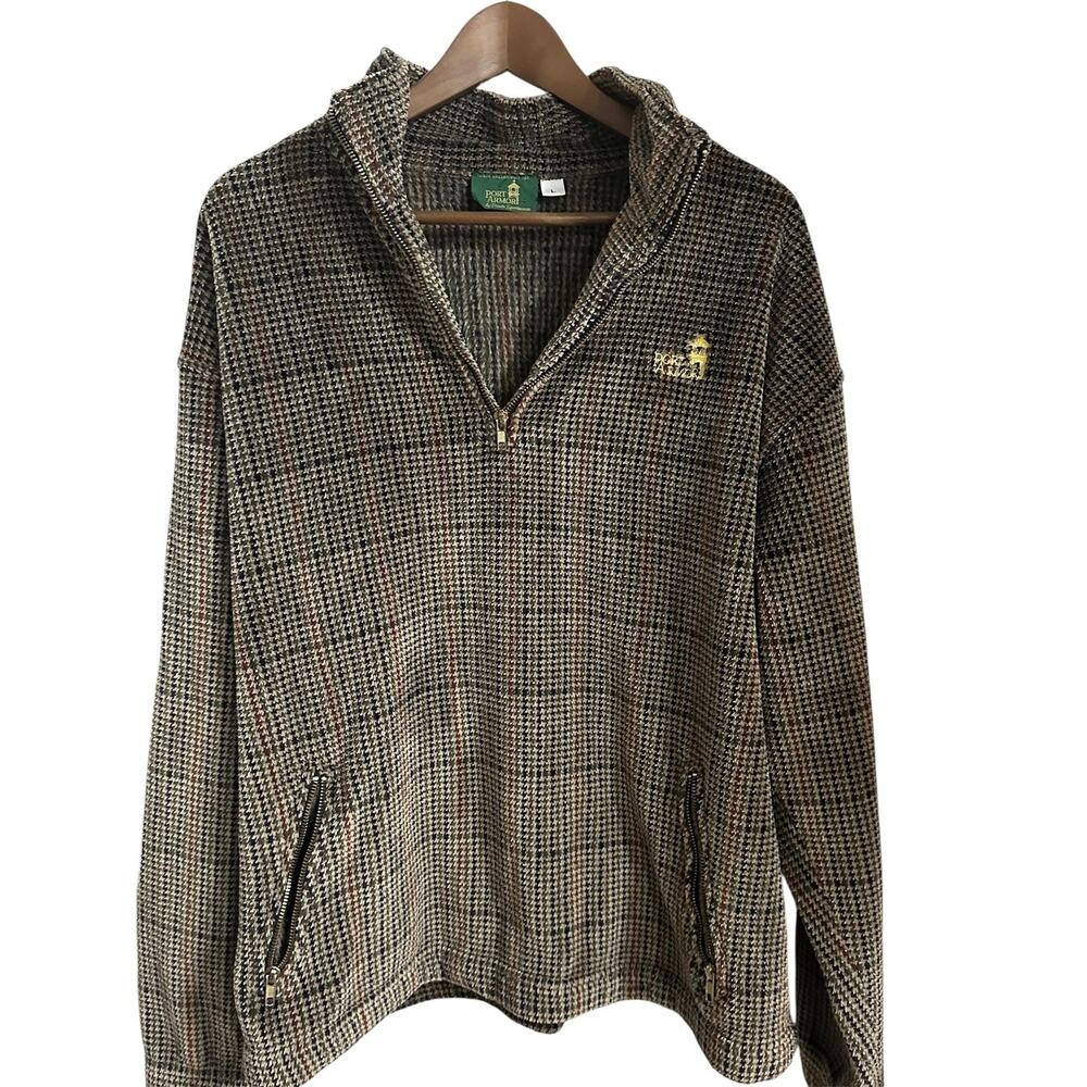 Vintage Port Armor divots Jacket Mens L Brown Check Fleece 1/4 Zip Pockets Golf